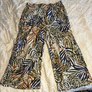 Tahari Cream Floral Linen Pants with Tropical Leaves